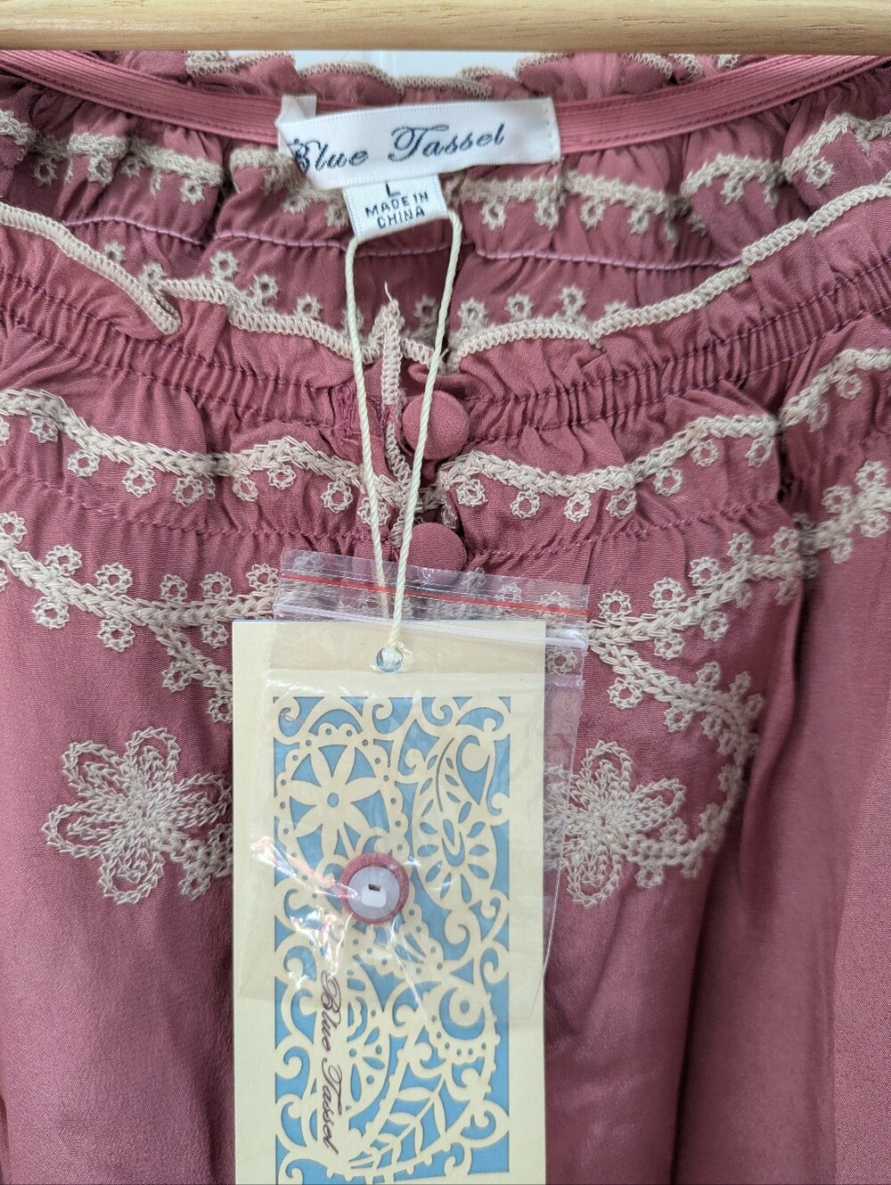 Sundance Blue Tassel Brand Boho Embroidered Peasant Top - Dusty Rose - Picture 2 of 8